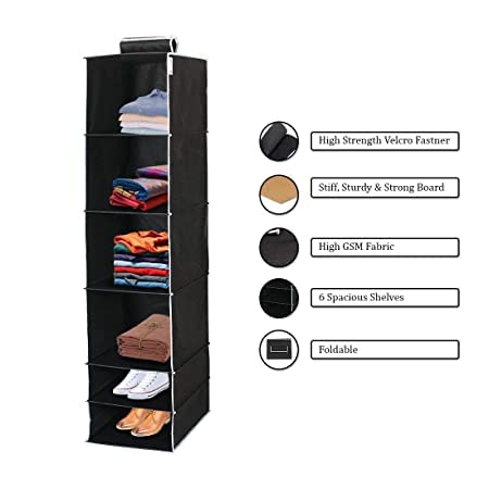 UNICRAFTS Hanging Organizer 6 Shelves NonWoven Foldable and Collapsible Wardrobe Organiser 6 Tier Clothes Storage Hanger Pack of 1 Black - Image 4