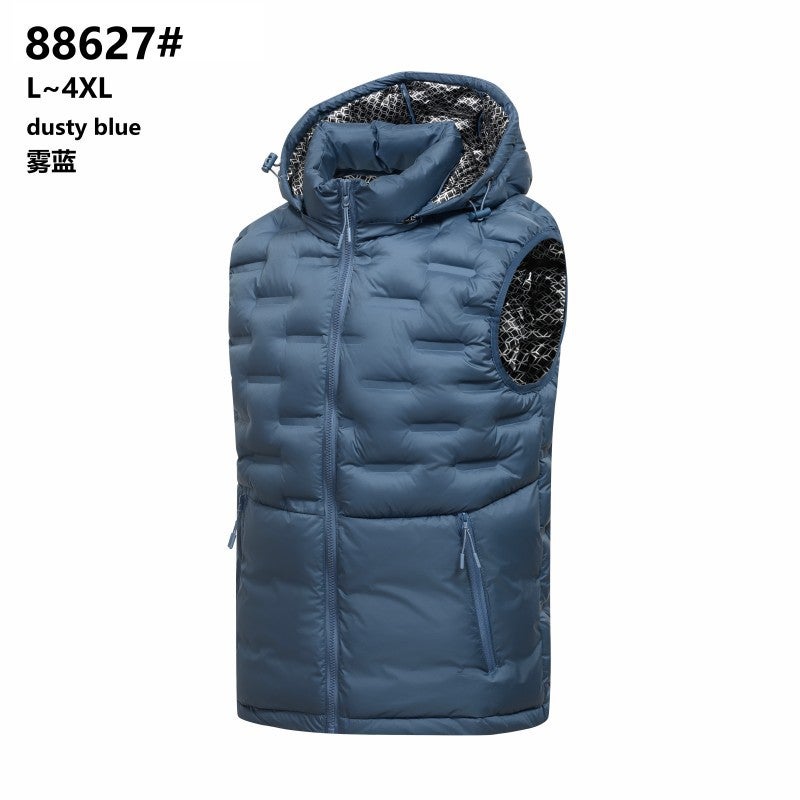 Vest Mist Blue New Casual Down Cotton for Men's Hooded Lightweight with Fleece Lining and Thickened Padding