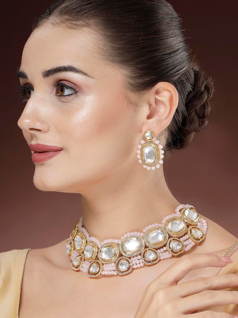Karatcart Baby Pink Crystal Polki Kundan Necklace Set for Women - Image 3