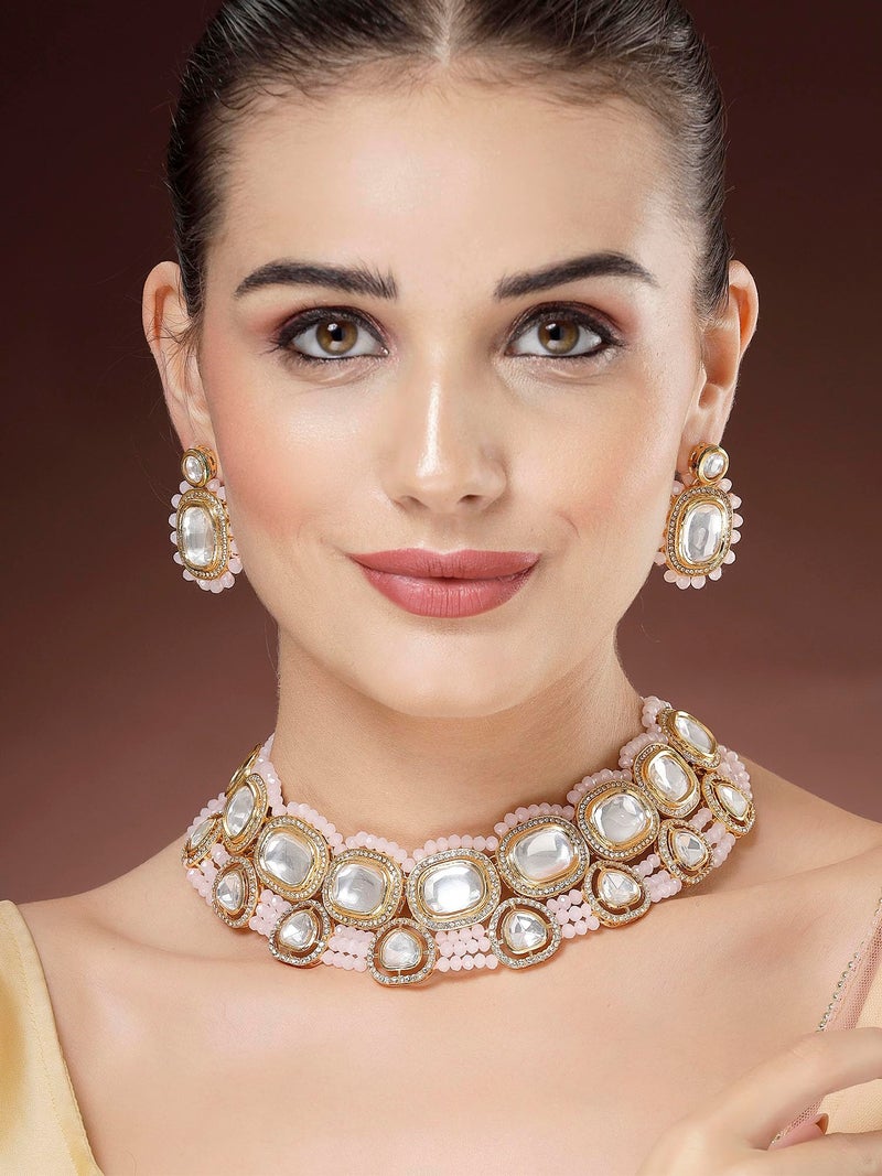 Karatcart Baby Pink Crystal Polki Kundan Necklace Set for Women - Image 2