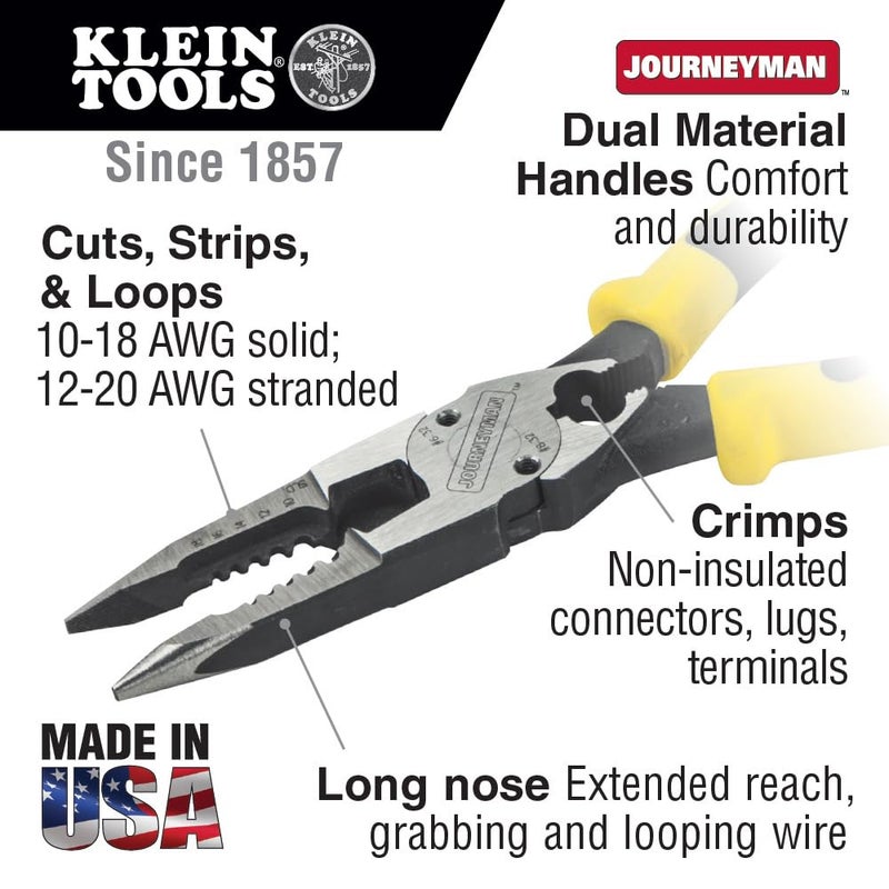 Klein Tools J207-8CR Needle Nose Pliers, Made in USA, All-Purpose Linesman Pliers for Crimping, Looping, Cutting, Stripping, Crimping, Shearing - Image 2