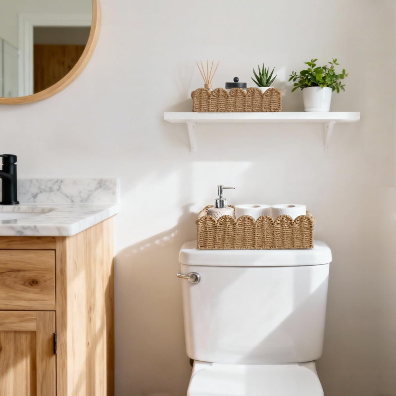 Dahey 2 Pcs Toilet Paper Storage Basket for Bathroom Woven Paper Rope Scalloped Edge Toilet Tank Basket with Handles for Organizing Over Toilet Storage Shelf Countertop Living Room Bedroom Home Decor - Image 2