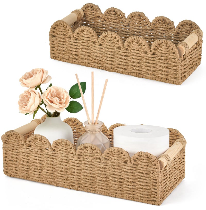 Dahey 2 Pcs Toilet Paper Storage Basket for Bathroom Woven Paper Rope Scalloped Edge Toilet Tank Basket with Handles for Organizing Over Toilet Storage Shelf Countertop Living Room Bedroom Home Decor - Image 1