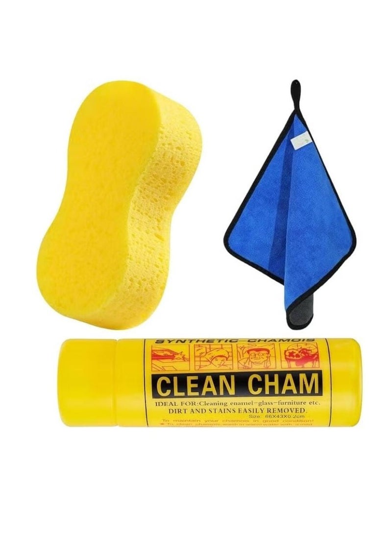 3 Piece Car Wash Cleaning Tool Set, Car Wash Detailing Kit, Microfiber Car Drying Towel/Pop-Up Car Sponge/Chamois Drying Cloth - Image 1
