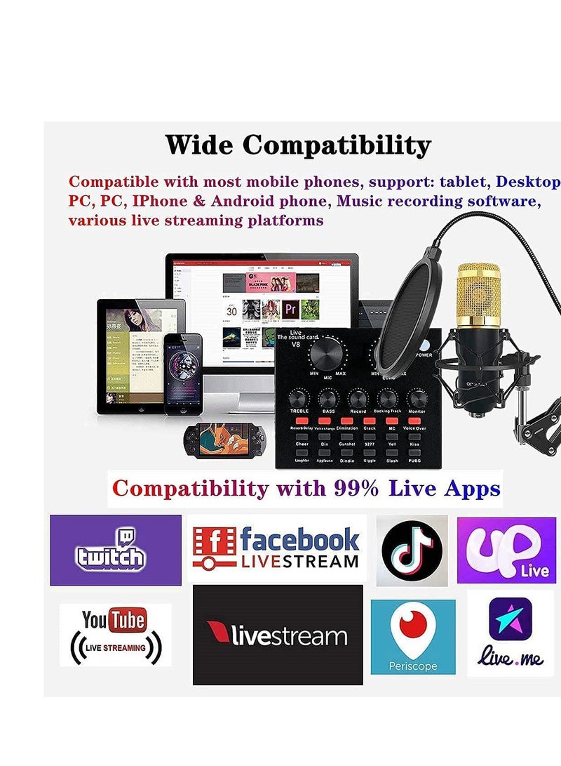 Microphone,Live Sound Card & BM800 Suspension Microphone Kit Broadcasting Recording Condenser Microphone Set Intelligent Volume Audio Mixer Sound Card for Computer PC Live Sound - Image 1