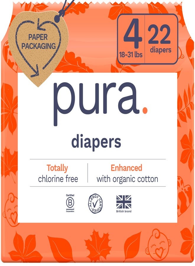 Pura Size 4 Eco-Friendly Diapers (18-31lbs) Totally Chlorine Free (TCF) Hypoallergenic, Soft Organic Cotton, Sustainable Comfort, up to 12 Hours Leak Protection, Allergy UK, 22 Diapers (Pack of 1) - Image 1
