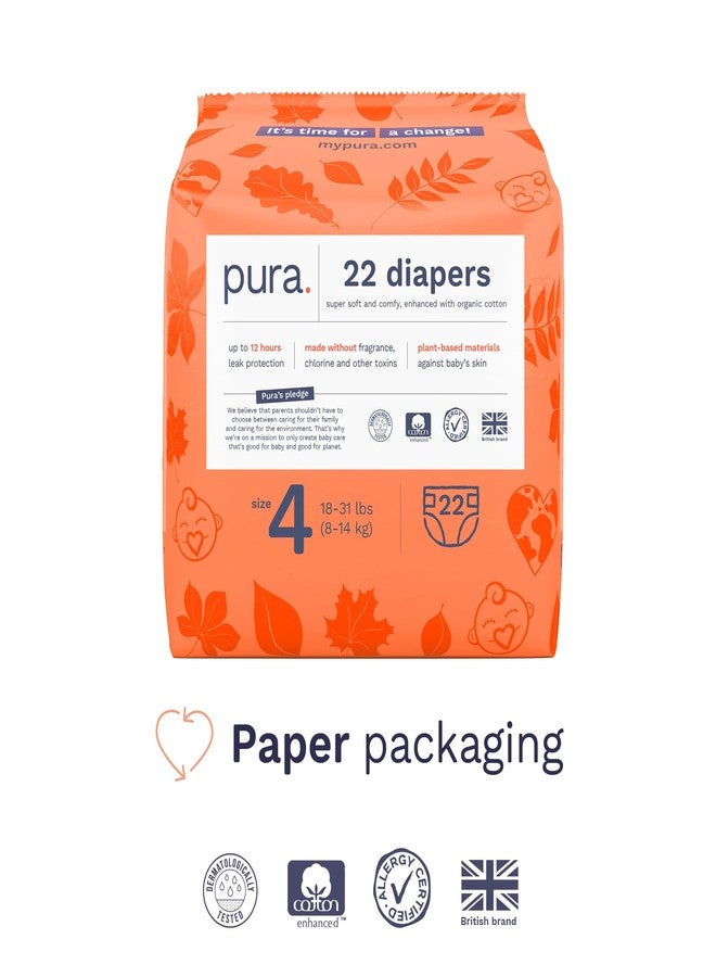 Pura Size 4 Eco-Friendly Diapers (18-31lbs) Totally Chlorine Free (TCF) Hypoallergenic, Soft Organic Cotton, Sustainable Comfort, up to 12 Hours Leak Protection, Allergy UK, 22 Diapers (Pack of 1) - Image 2