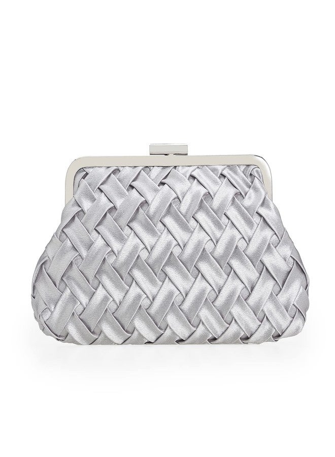 IXEBELLA Evening Bag Women Small Dressy Clutch Handbag Braided Satin Formal Purse for Wedding/Prom/Black tie Party (Silver) - Image 1