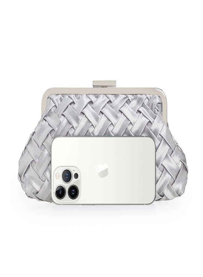 IXEBELLA Evening Bag Women Small Dressy Clutch Handbag Braided Satin Formal Purse for Wedding/Prom/Black tie Party (Silver) - Image 3
