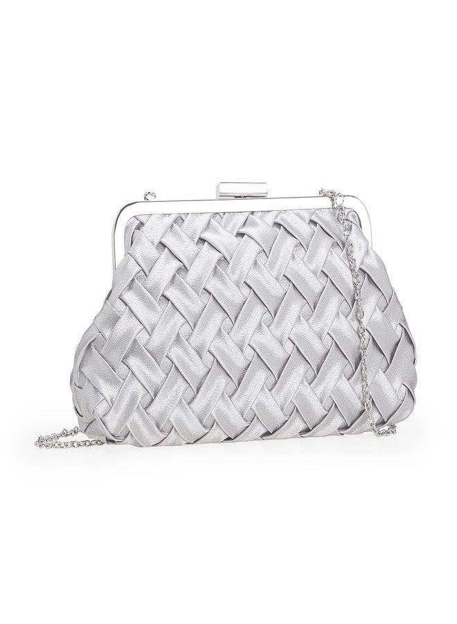 IXEBELLA Evening Bag Women Small Dressy Clutch Handbag Braided Satin Formal Purse for Wedding/Prom/Black tie Party (Silver) - Image 2