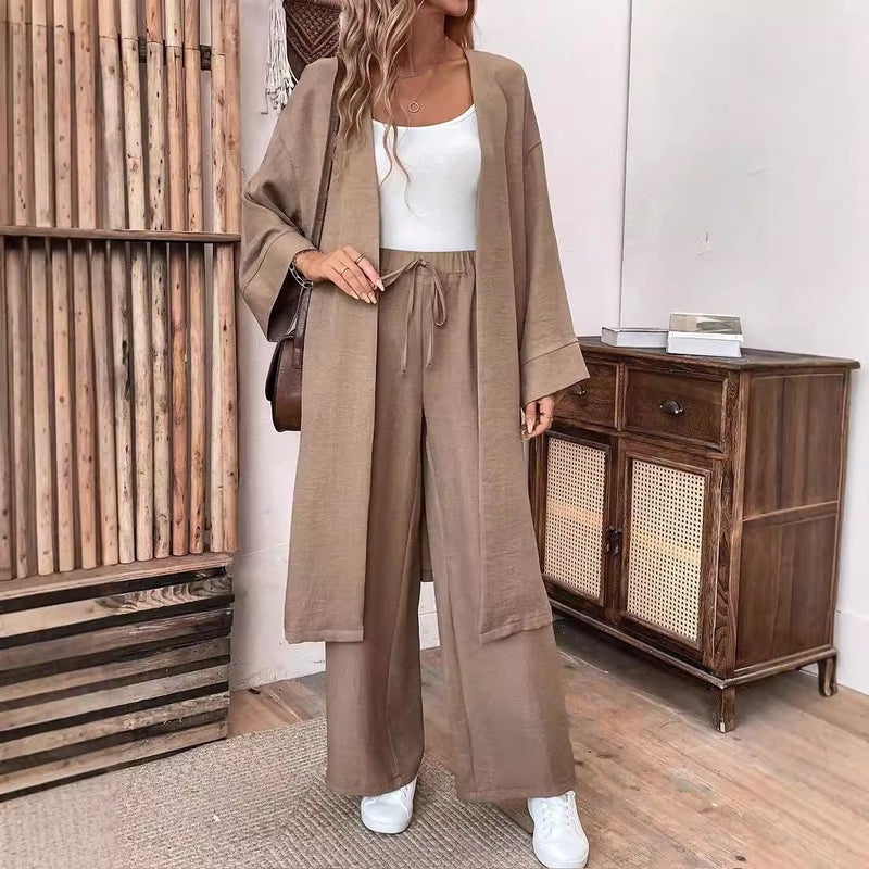 Women's Casual Two-Piece Set: Long Cardigan & Wide-Leg Pants, Loose Fit, Spring/Autumn