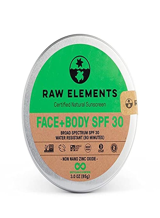 raw elements Face And Body Certified Natural Sunscreen | NonNano Zinc Oxide, 95% Organic, Water Resistant, Reef Safe, Cruelty Free, Spf 30+, All Ages Safe, Moisturizing, Reusable Tin, 3Oz - Image 1