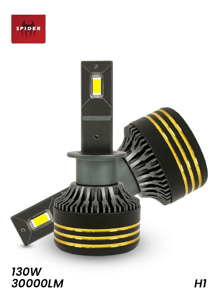 SPIDER M8 Pro Silver LED Headlight Bulbs Model H1 130W 30000LM 6500K Super Bright Conversion Kit, IP65 Waterproof, Aviation Aluminum, 500% Brighter, 150% Longer Range, 30000H Lifespan, All-Weather Car SUV Truck ATV UTV Headlamp - Image 1