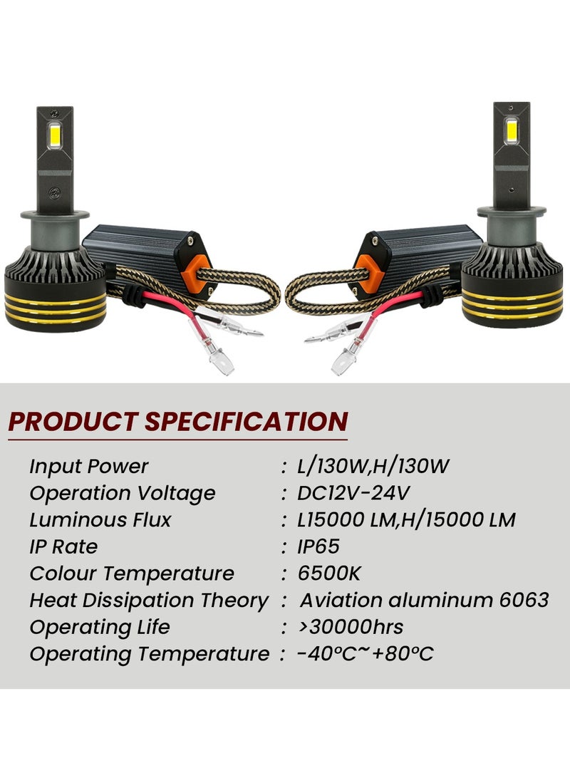 SPIDER M8 Pro Silver LED Headlight Bulbs Model H1 130W 30000LM 6500K Super Bright Conversion Kit, IP65 Waterproof, Aviation Aluminum, 500% Brighter, 150% Longer Range, 30000H Lifespan, All-Weather Car SUV Truck ATV UTV Headlamp - Image 3