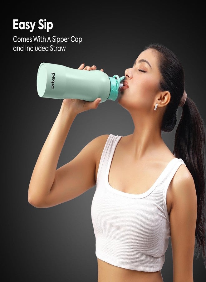 PEXPO Belly Pro ISI Certified Stainless Steel Water Bottle 1 ltr, with Straw Lid Sipper Cap | RCB Edition | Single Wall Fridge Bottle | For Home, Office, Gym, School, Yoga & Trek - Sea Green - Image 5