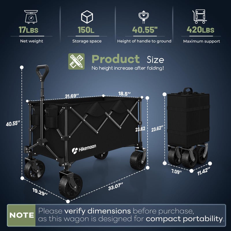 Hikemoon 150L Collapsible Wagons Carts Foldable, 420LBS Heavy Duty Folding Beach Cart with Big All-Terrain Wheels, Portable Utility Wagon for Grocery, Shopping, Garden, Sports, Camping, Black - Image 3