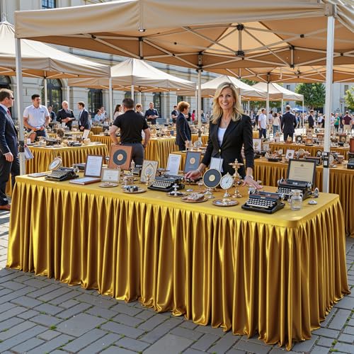 PARTISKY Gold Satin Tablecloths Rectangle 4FT, Glitter Fitted Stretch Table Covers Wrinkle-Resistant Floor Length Shimmer Pleated Table Skirt for Weddings Parties Baby Shower Banquets Vendor Events - Image 4