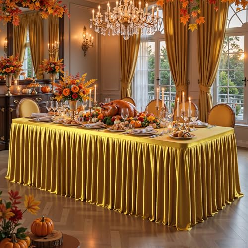 PARTISKY Gold Satin Tablecloths Rectangle 4FT, Glitter Fitted Stretch Table Covers Wrinkle-Resistant Floor Length Shimmer Pleated Table Skirt for Weddings Parties Baby Shower Banquets Vendor Events - Image 1