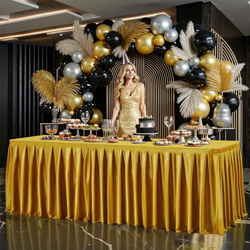 PARTISKY Gold Satin Tablecloths Rectangle 4FT, Glitter Fitted Stretch Table Covers Wrinkle-Resistant Floor Length Shimmer Pleated Table Skirt for Weddings Parties Baby Shower Banquets Vendor Events - Image 5