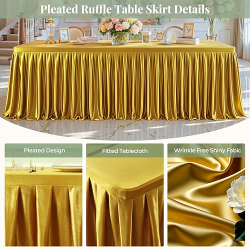 PARTISKY Gold Satin Tablecloths Rectangle 4FT, Glitter Fitted Stretch Table Covers Wrinkle-Resistant Floor Length Shimmer Pleated Table Skirt for Weddings Parties Baby Shower Banquets Vendor Events - Image 2