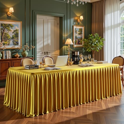 PARTISKY Gold Satin Tablecloths Rectangle 4FT, Glitter Fitted Stretch Table Covers Wrinkle-Resistant Floor Length Shimmer Pleated Table Skirt for Weddings Parties Baby Shower Banquets Vendor Events - Image 3