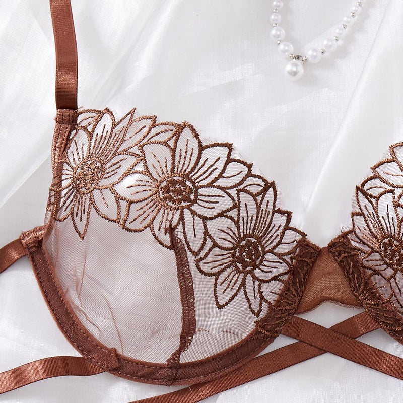 Sexy Embroidered Bra Set with Mesh and Cotton Crotch - Comfortable Thong Underwear - Image 4