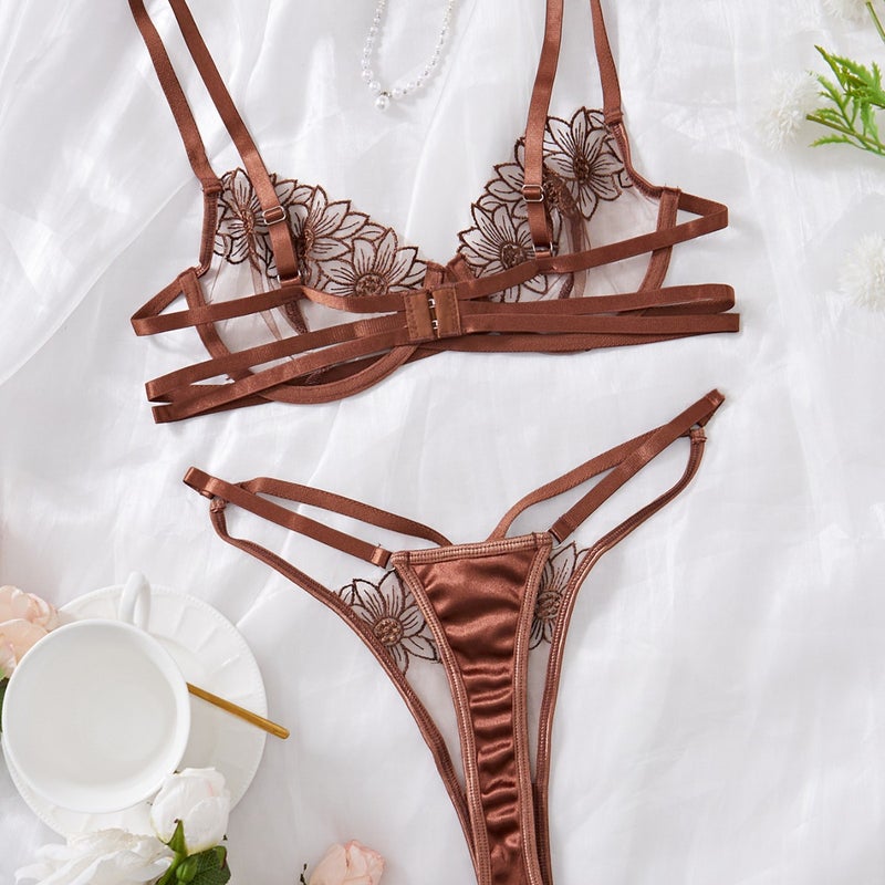Sexy Embroidered Bra Set with Mesh and Cotton Crotch - Comfortable Thong Underwear - Image 3
