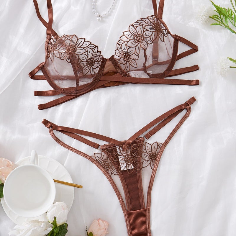 Sexy Embroidered Bra Set with Mesh and Cotton Crotch - Comfortable Thong Underwear - Image 2