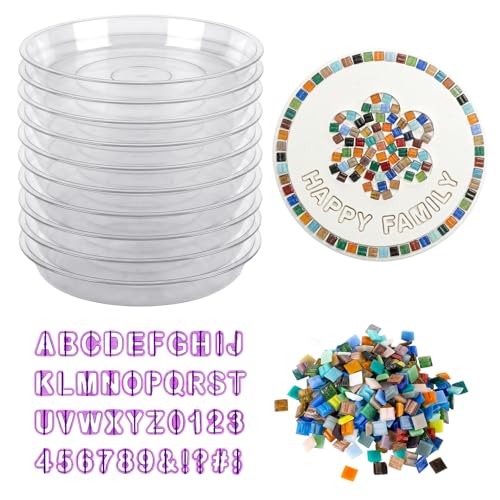 U0U 10PCS Stepping Stone Kit Includes Round Cement Molds Mosaic Tiles and Carving ToolsDIY Garden Stepping Stone kit for KidsFamilyOutdoor Walkways Pavement Decoration Transparent 10inch - Image 1