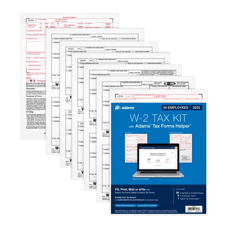 Adams W-2 Forms 2025, 6-Part Kit for 50 Recipients, Includes 6 W-3 Forms, QuickBooks Compatible, eFile Access and Printing Through Adams Tax Forms Helper Software (1017239) - Image 1