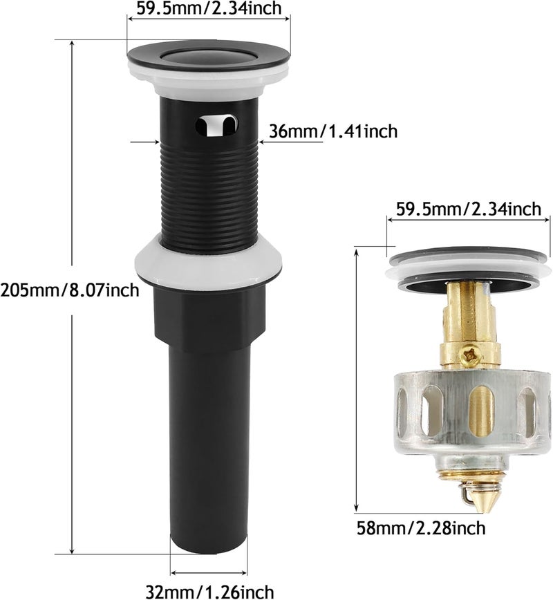 Rackickyer Bathroom Sink Drain,Drain Stopper Bathroom Sink with Overflow,Small Cap Pop Up Drain Assembly with Detachable Strainer Basket,Built-in Anti-Clogging, Stainless Steel Nut Matte Black - Image 2