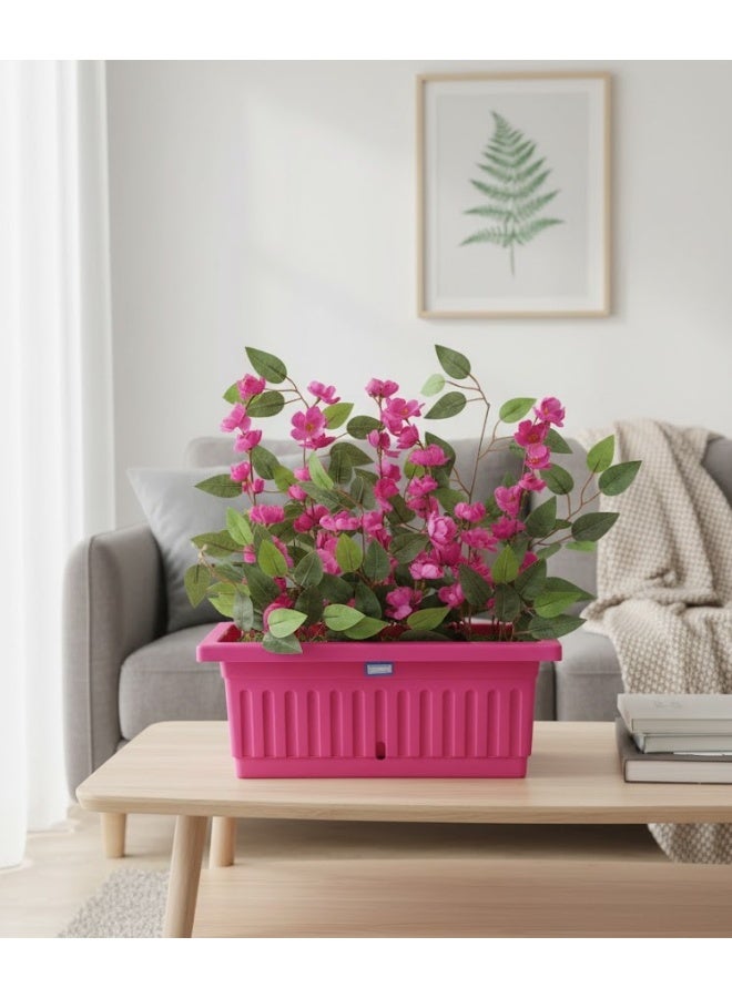 Artificial flower pot with a bouquet of roses and green leaves, a plastic pot for home decor, available in multiple colors.