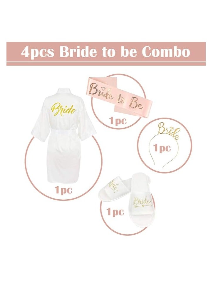 مجموعة دعائم برايد تو بي مع روب ابيض بطبعة "عروس" ذهبية على الظهر، 1 مجموعة شبشب زفاف، 1 شريط راس ذهبي و1 وشاح 4 قطع لتزيين توديع العزوبية / هدية عملية كاليري - Image 2