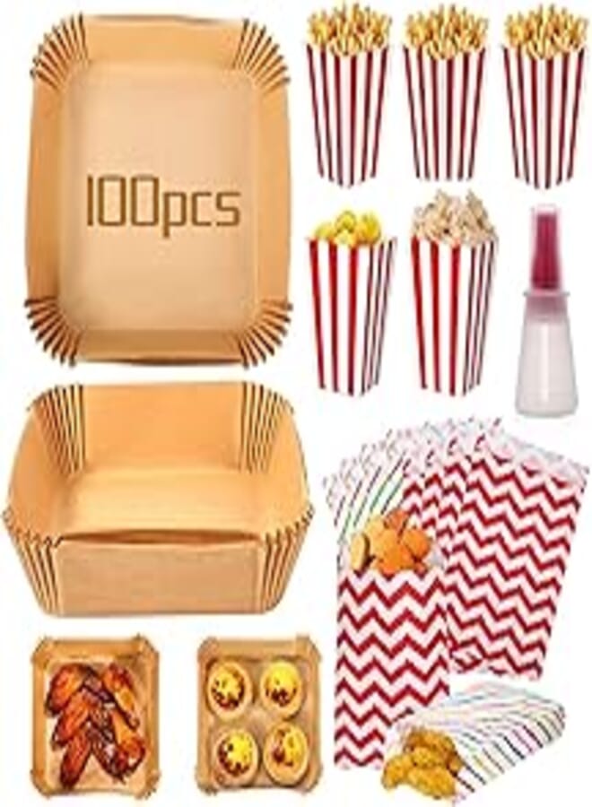100PCS Air Fryer Disposable Paper Liner, 10PCS Lunch Paper Bags ,5PCS Popcorn Bags,Silicone Brush Cooking for Air Fryer, Microwave Oven, Frying Pan, Oil-proof, Water-proof