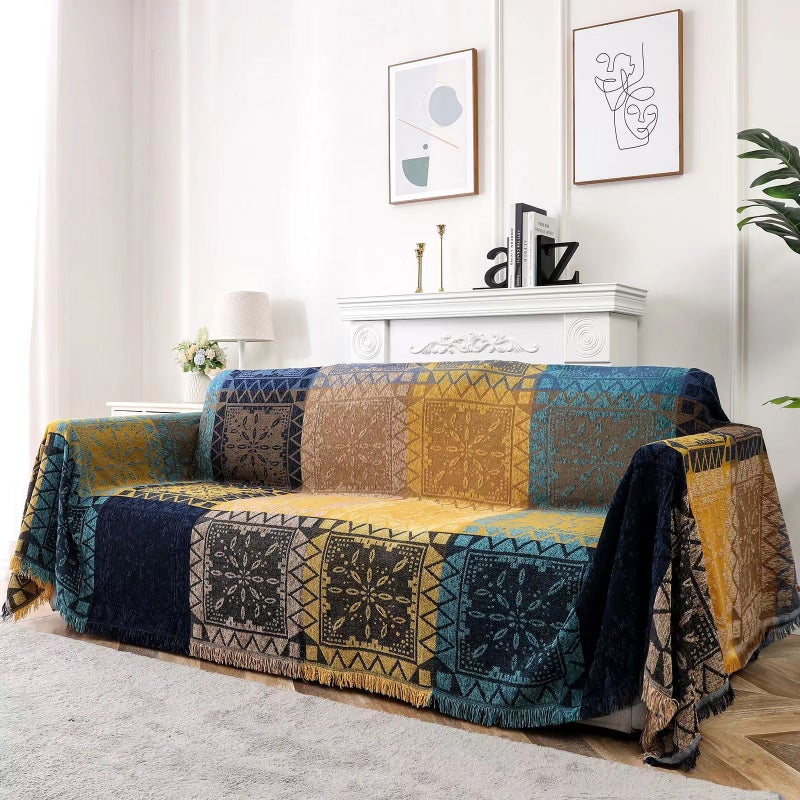 Nordic Ethnic Chenille Sofa Throw Blanket Yellow/blue 