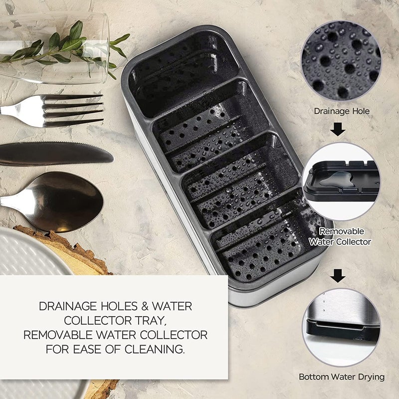 Innoteck Essentials Utensil Holder - Stainless Steel Kitchen Utensils Organiser - Anti Slip, Water Draining Design - 4 Compartments Rust proof Cutlery Holder - For spoons, spatulas, forks, knives - Image 3