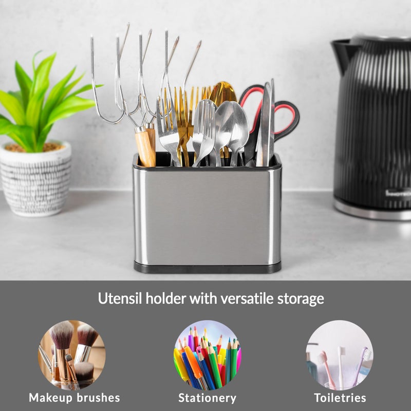 Innoteck Essentials Utensil Holder - Stainless Steel Kitchen Utensils Organiser - Anti Slip, Water Draining Design - 4 Compartments Rust proof Cutlery Holder - For spoons, spatulas, forks, knives - Image 4