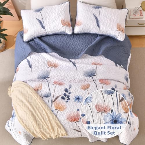 Dinjoy Quilt Set King SizeBlue Floral Bedspread Bedding Set3 Pieces Floral Quilt with 2 PillowcasesSoft Lightweight Microfiber Coverlet Set110x90 - Image 3