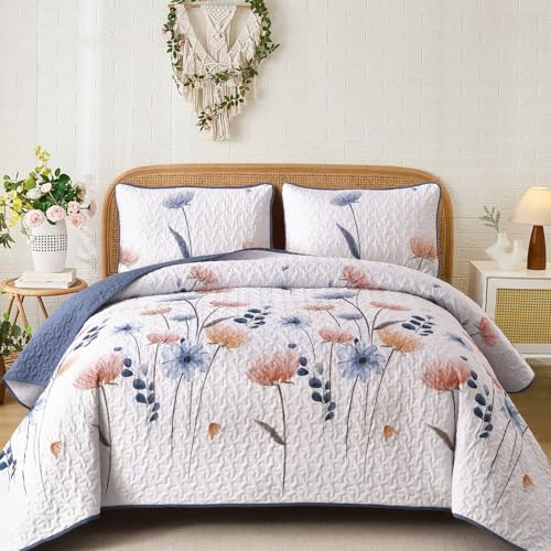 Dinjoy Quilt Set King SizeBlue Floral Bedspread Bedding Set3 Pieces Floral Quilt with 2 PillowcasesSoft Lightweight Microfiber Coverlet Set110x90 - Image 1