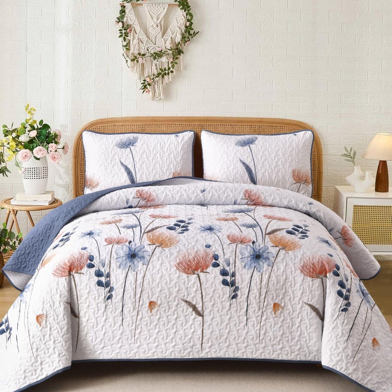 Dinjoy Quilt Set King SizeBlue Floral Bedspread Bedding Set3 Pieces Floral Quilt with 2 PillowcasesSoft Lightweight Microfiber Coverlet Set110x90 - Image 2