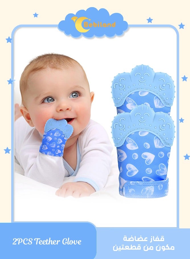 Bebiland 2 Pack Teething Mittens for Baby,  Teething Glove, Infant Soothing Pain Relief Mitt Baby Teether Mits for Baby(Blue) - Image 1