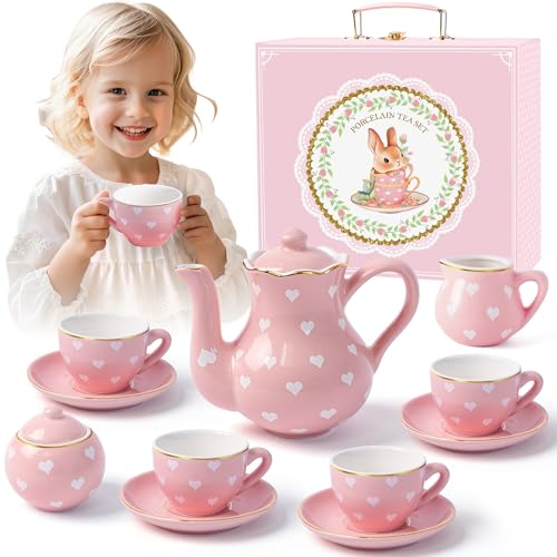 TUZT Porcelain Tea Party Set for Little Girls Kids Toddlers 13Pcs Unicorn Tea Set Teapot Cup Saucer SuitcasePretend Play Toys Kitchen Set Christmas Birthday Gift for Girls - Image 1