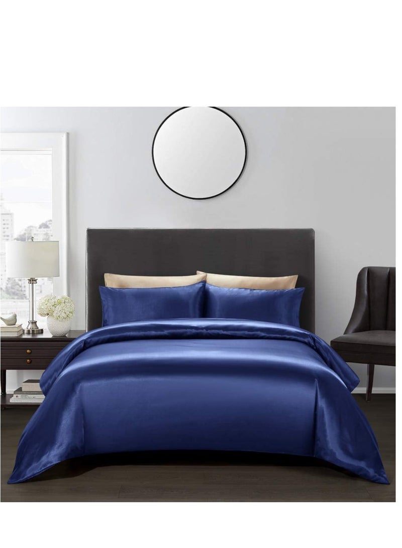 Bedding Duvet Cover Sets, 3 Pieces Satin Bedding Set, Queen Size Silky Duvet Covers Collection, 1x Cooling Duvet Cover 90x90 Inches and 2 Pillowcases, Comforter Not Included - Blue  - Image 1