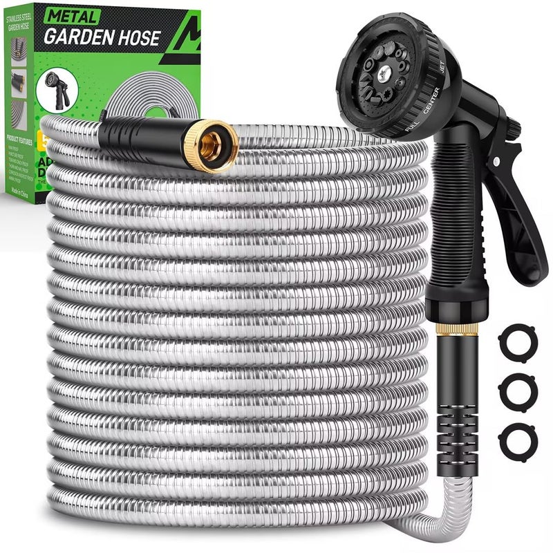 Kebose Garden Hose 50ft, Heavy Duty Stainless Steel Water Hose with 10 Functional Nozzles, No Kink, Lightweight and Flexible, Easy to Use and Store, Strong and Sturdy, Suitable for Yard and Lawn - Image 1