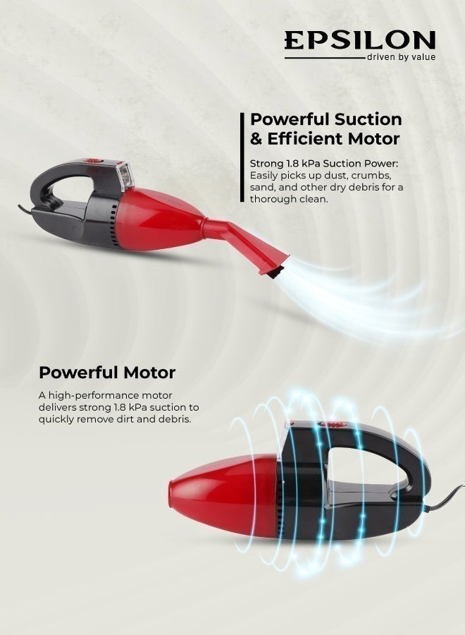 Epsilon 12V High-Power Car Vacuum Cleaner – Portable Handheld Auto Detailing Tool with Strong Suction, Built-in LED Light, Extension Hose, Brush & Nozzle – Easy to Carry and Store - Image 2