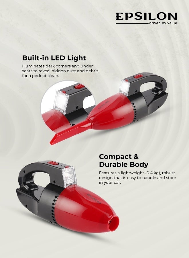 Epsilon 12V High-Power Car Vacuum Cleaner – Portable Handheld Auto Detailing Tool with Strong Suction, Built-in LED Light, Extension Hose, Brush & Nozzle – Easy to Carry and Store - Image 4