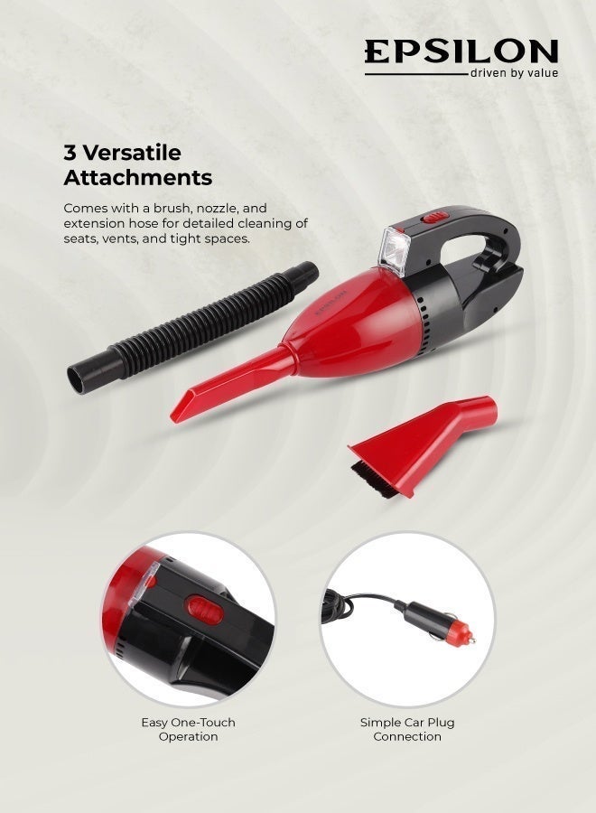 Epsilon 12V High-Power Car Vacuum Cleaner – Portable Handheld Auto Detailing Tool with Strong Suction, Built-in LED Light, Extension Hose, Brush & Nozzle – Easy to Carry and Store - Image 3