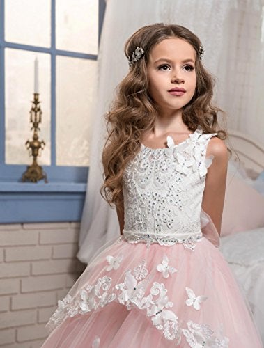 PLwedding Fancy Flower Girl Dress Kids Lace Applique Pageant Party Ball Gown Blush Pink Size 4 - Image 3