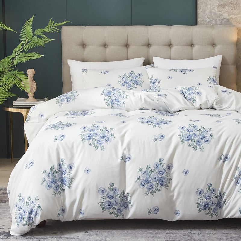 HYPREST Floral Duvet Cover Set Queen Size 3 Pieces Blue Floral Farmhouse Duvet Cover Set Soft Lightweight  Breathable Standard 100 by OekoTexNo Comforter