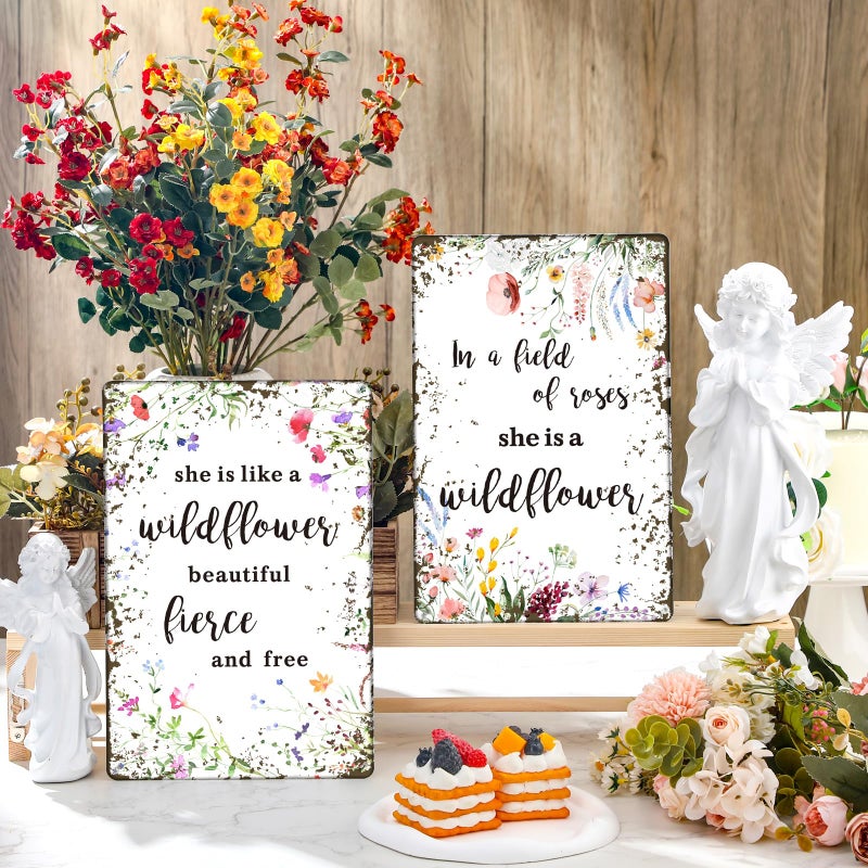 Lineshading 2 Pcs Vintage Wildflower Metal Tin Sign Wild Flower Spring Baby Shower Party Decor She Is Like A Wildflower Beautiful Fierce and Free Funny Tin Sign for Spring Wedding Nursery Decor - Image 2